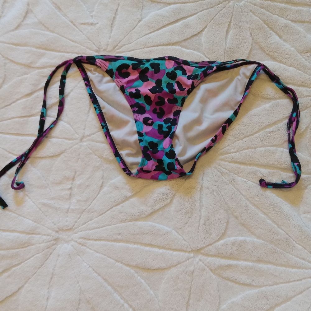 ARIZONA BIKINI BOTTOM BLUE PINK PURPLE LEOPARD PRINT SZ M TIE SIDES ADJUSTABLE